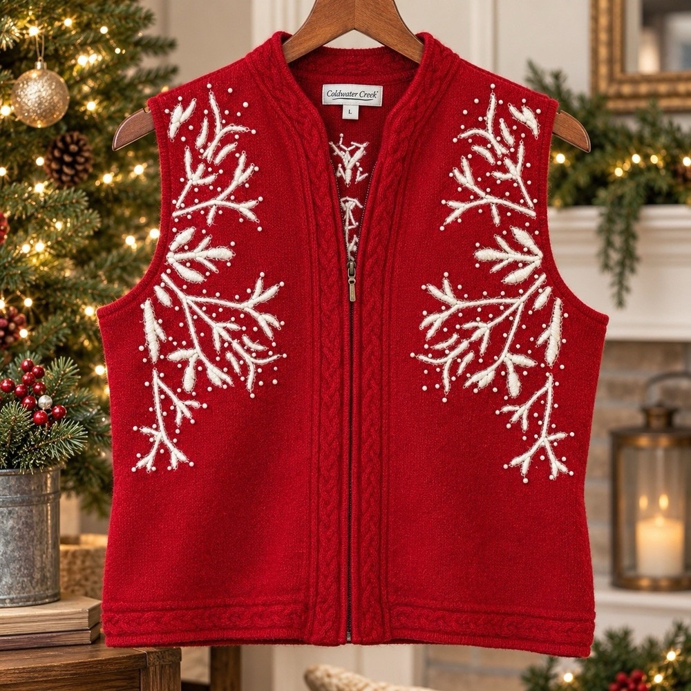 Coldwater Creek Womens L 100% Wool Red Christmas Embroidered Sweater Vest